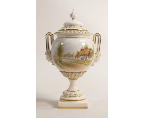 Royal Worcester two handled vase &amp; cover hand painted with country cottage by S Wood, black factory marks, h.22cm. 