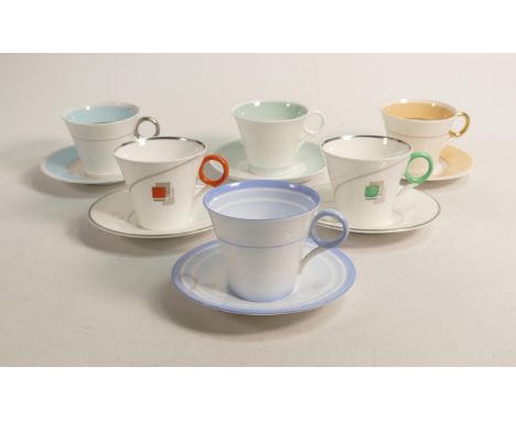 Shelley Regent shape coffee cups &amp; saucers x 6, pattern No.s 12400/10, 12401/2, 13706/G, 12290, 12474, 12304. (12) 