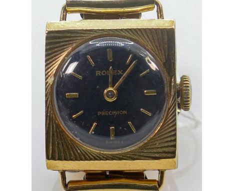 Rolex PRECISION 9ct gold ladies wrist watch &amp; 9ct bracelet.  A nice vintage item with black dial, 15.2g gross weight, win