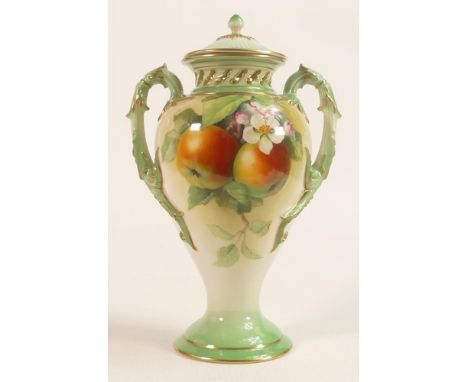 Royal Worcester twin handled vase &amp; cover, hand painted with fruit &amp; blossom, signed F Parker, puce backstamp, height