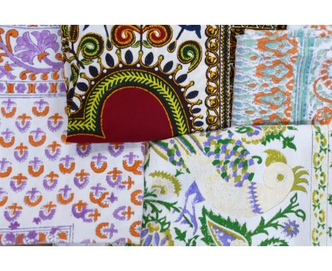 A collection of Screen Printed Linen Table Cloths (green item 182 x 120cm, Orange &amp; Green 133 x 128cm &amp; Purple 129 x 