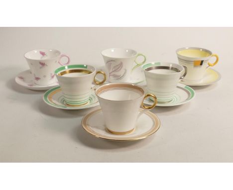 Shelley Regent shape coffee cups &amp; saucers x 6, Patt No’s 2405, 2406, 12219/A, 12128, 12133, 12140.&nbsp;. (12)