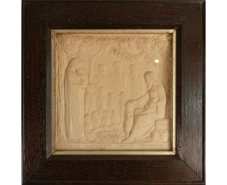 GEORGE TINWORTH (1843-1913) for Doulton &amp; Co., a terracotta incised religious panel, 21 x 21cm, in oak frame, artist sign