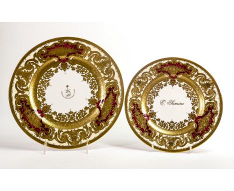 De Lamerie Fine Bone China marbled Burgundy Royal patterned plates, specially made high end quality items, special commission