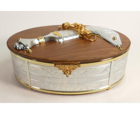 De Lamerie fine large silverware plated oval box with wooden lid &amp; Khanjar dagger decoration - in presentation bag, speci