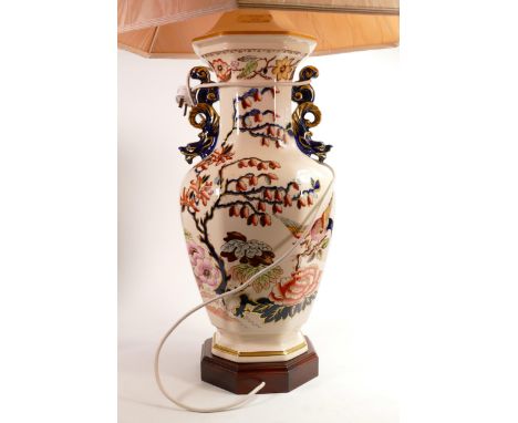 A prestige, very large Masons Birds of Paradise lamp base with dragon themed handles &amp; shade. Lamp base measures 69cm in 