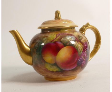Royal Worcester tea pot, gilded and hand painted with fruit by E Townsend, puce mark, h.15cm. 