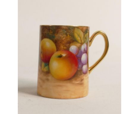 Royal Worcester christening mug, hand painted with fruit by Roberts, black factory marks, h.7cm. 