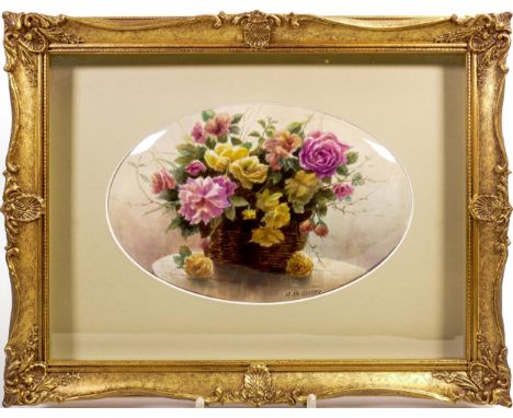 Milwyn Holloway, Fine Art Ceramic Painting oval plaque hand painted with a basket of flowers in gilt frame, overall 26cm x 33