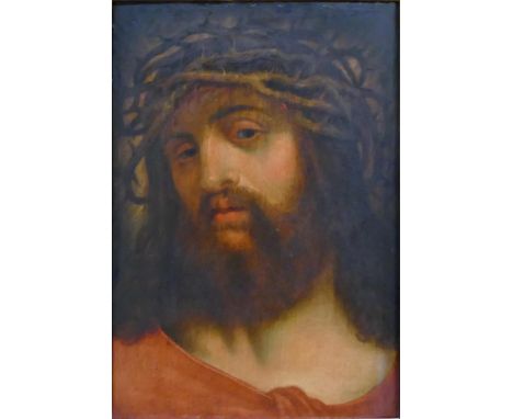 After Annibale Carracci, portrait of Christ. 18th century style or earlier. Oil on board. Indistinct writing on paper label t