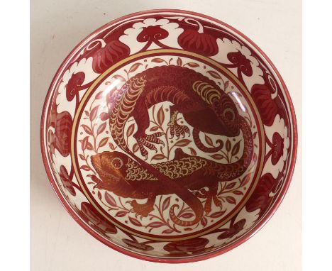 William de Morgan footed bowl, red lustre decorated with chameleon, monogram for Fred Passenger, d.19cm. Good condition with 
