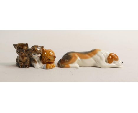 Royal Worcester model of a laying hound 3571 and three kittens 3141. (2) 