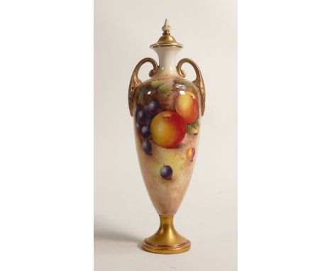 Royal Worcester two handled vase &amp; cover, hand painted with fruit by J Cook, black mark, h.25.5cm. 