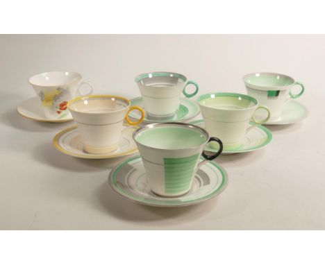 Shelley Regent shape cups & saucers x 6, pattern no.s 12130/W, 12131/W, 12132/G, 122881/M, 2162, 12207.(12) 