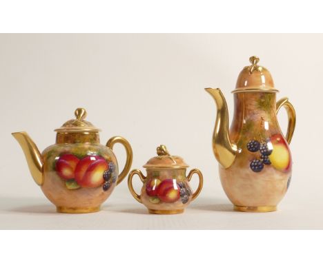 Royal Worcester miniature tea/coffee set, hand painted with fruit and signed by artist, comprising teapot, coffee pot and cov