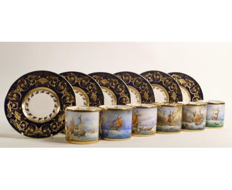 Lynton Porcelain Company gilded coffee cups &amp; saucers, each cup hand painted with panels of Ships by S Nowacki on cobalt 