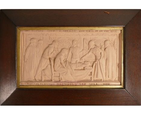 GEORGE TINWORTH (1843-1913) for Doulton &amp; Co., a terracotta incised religious panel, 39 x 21cm, in oak frame, artist sign