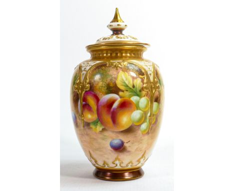 Royal Worcester pot pourri jar &amp; cover, hand painted with fruit and signed by artist, h.19.5cm. Firing fault. 