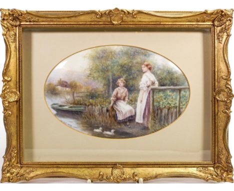 Milwyn Holloway, Fine Art Ceramic Painting oval plaque hand painted with ladies by lake and ducks in gilt frame, overall 26 x