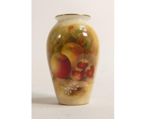 Royal Worcester small vase, hand painted with fruit by H Aynton, puce factory marks, h.10cm. 