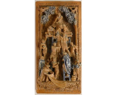 GEORGE TINWORTH (1843-1913) for Doulton &amp; Co., a glazed stoneware incised religious panel, 31 x 15cm. Various fire cracks