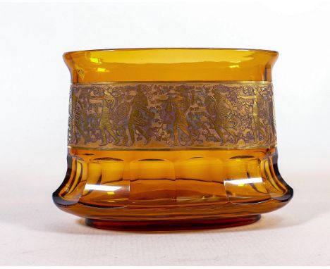 Moser Czechoslovakia Amber glass vase with gilt band of Greek Olympic design ,h.13 x L19cm. 