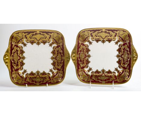 De Lamerie Fine Bone Burgundy Majestic patterned handled sandwich plates, specially made high end quality items, length 27cm 