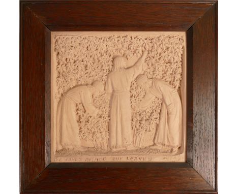 GEORGE TINWORTH (1843-1913) for Doulton &amp; Co., a terracotta incised religious panel, 21.5 x 21.5cm, in oak frame, artist 