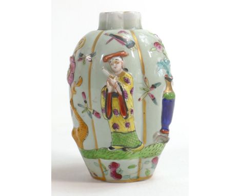 19th Century Samson or similar Chinoiserie on celadon ground, pottery tea caddy vase, decorated with figures &amp; foliage. H