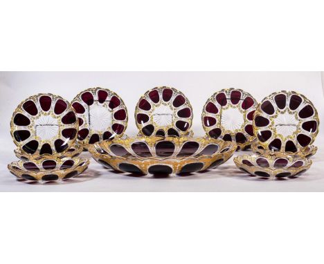 Bohemian gilded purple &amp; clear glass dessert set in the Baccarat style, comprising large bowl with 12 matching dishes, bo