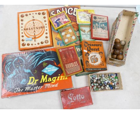A collection of vintage Board Games including The Master Mind, Solitaire, Treasure Quest, Indoor Bowl, Vintage Marbles etc. 