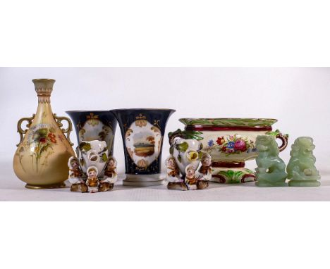 A mixed collection of items to include - Royal vorcester Blush hand decorated vase, Cobalt blue Vases with landscape panel de