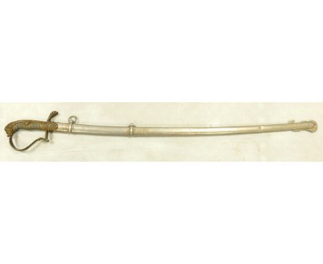 Late 19th century Imperial German Army sword with scabbard, the pommel a lion's head with ruby glass eyes. Grip and guard wit