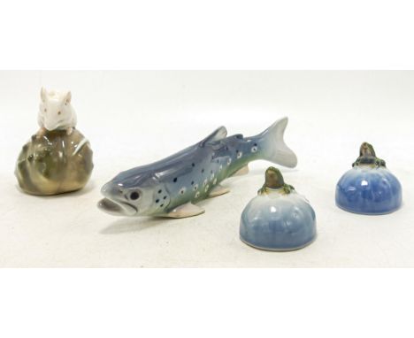Royal Copenhagen model of a Trout 2169, L16.5cm, 2 x frog on rocks and a mouse on rock. (4) 