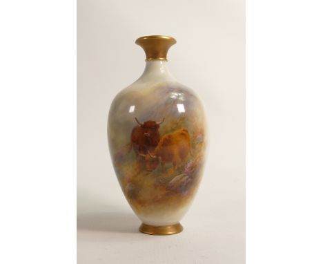 Royal Worcester vase, hand painted with Highland cattle by H Stinton, puce mark and dated 1918, h.20.5cm. (2) 