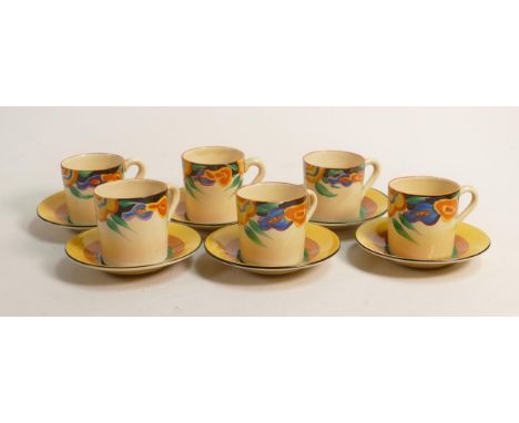 Set of Clarice Cliff Newport Pottery coffee cups and saucers in the Bizarre and Fantasque designs, good overall condition wit