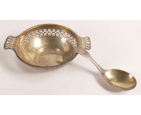 Silver pierced quiach like bowl, B'ham 1940, together with an early Victorian tea caddy spoon, clear hallmarks for London 184