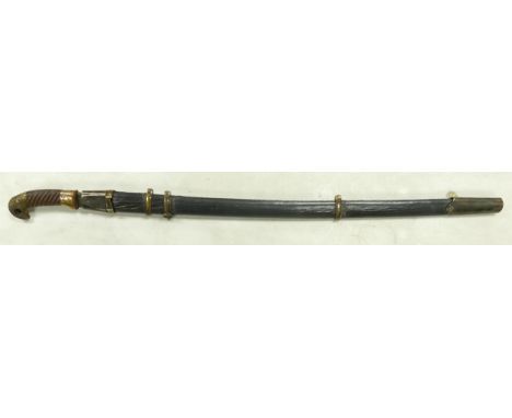 A circa 1934 Russian Shashka Dragoon sabre. Steel blade, brass accents on grip and scabbard. Date stamped 1934, along with Ru