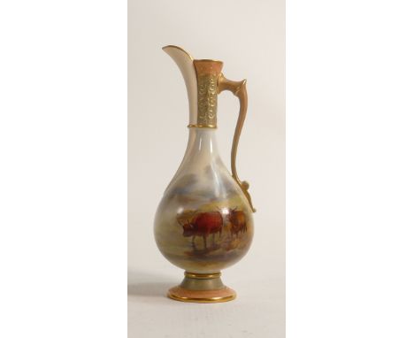 Royal Worcester gilded ewer, hand painted with highland cattle by H Stinton, puce marks and dated 1907, h.18cm. 