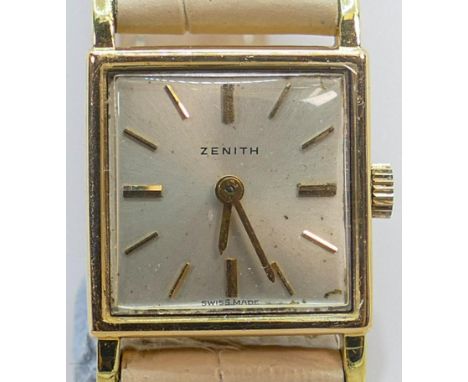 Zenith 18ct gold ladies wrist watch, winds, ticks, sets &amp; runs down. Case measures 19mm inc. button.  On new replacement 