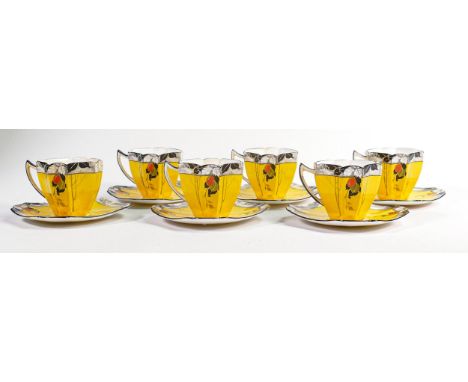 Shelley Queen Anne shape coffee cups &amp; saucers. Pattern No.s 11634/31. Damson fruit on yellow ground colour. (12) 