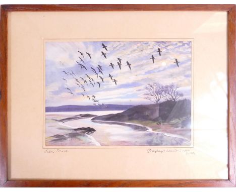 Peter Scott, signed print "Greylags rounding up to Settle", in wood frame. 18 x 25cm. 