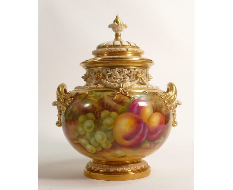 Superb Royal Worcester two handled urn &amp; cover, gilded and hand painted with fruit by Horace Price, shape no.1428, dated 