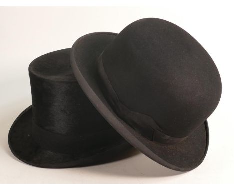 Large sized Battersby &amp; Co. London &amp; Densems top hat &amp; top bowler vintage hats, approx 55cm (2) 