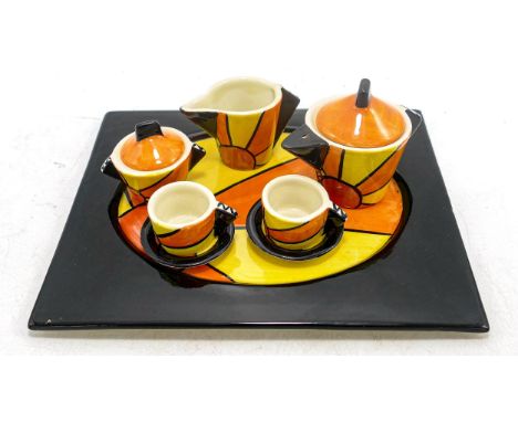 Lorna Bailey tea set on tray, 'Sunburst' consisting of tea pot, milk jug, sugar bowl and 2 cups and saucers. Mark SB on base 