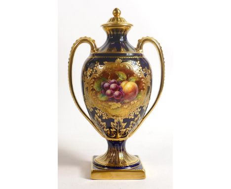 Lynton Porcelain Company two handled vase &amp; cover, hand painted with panel of fruit by T S Abbotts on cobalt blue ground,