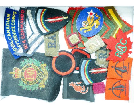 A collection of various military uniform badges, badges and patches, including Royal Engineers, Royal Canadian Corps, Flying 