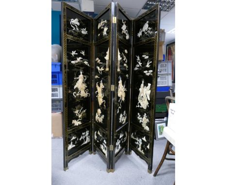 Large lacquer Chinese theme bedroom screen, four panel, approx open length 188cm, height 182cm 