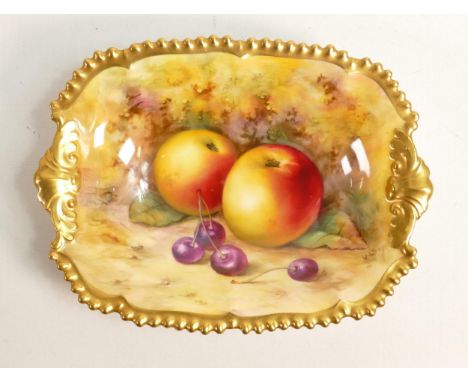 Royal Worcester gilded nut dish, hand painted with fruit by W Bagnall, puce factory marks, L17.25.cm. 