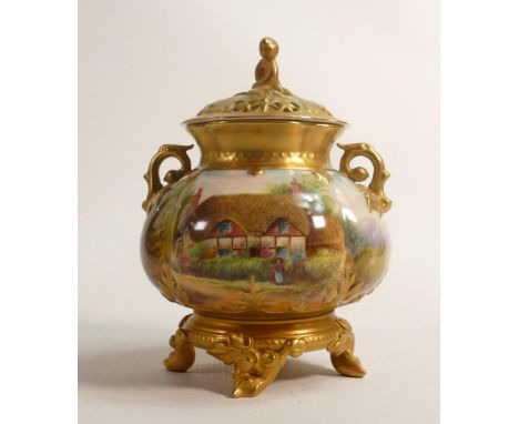 Royal Worcester pot pourri jar &amp; cover, gilded and hand painted with a country cottage by R Rushton, shape no.241, puce m